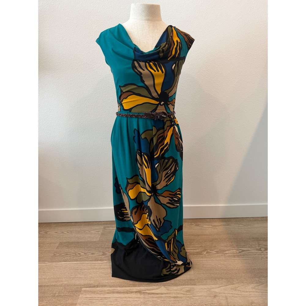 Danny & Nicole Teal Floral Cowl Neck Maxi Dress Sleeveless Belted XS